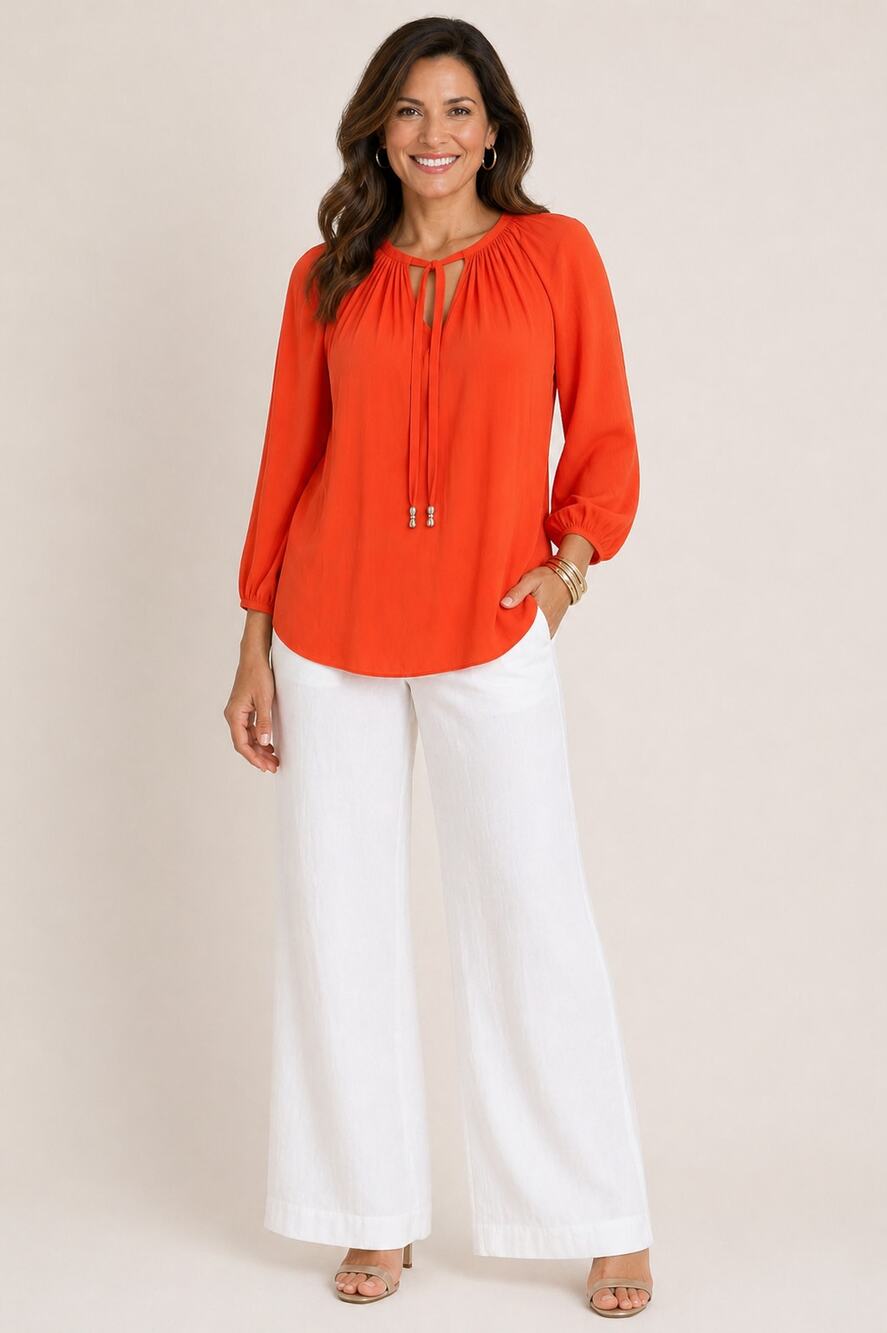 Chicos Shirred Tie Neck Raglan Sleeve Blouse Womens Large Persimmon Orange New